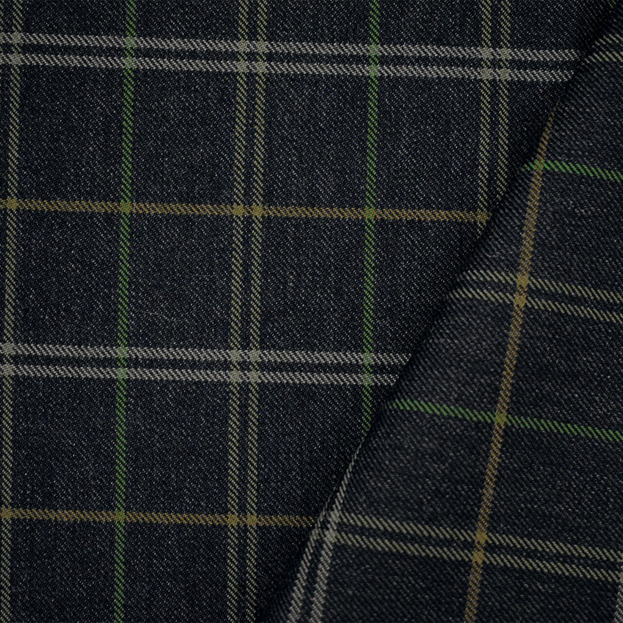Black-Green-Multi Wool-Polyester Plaid Twill Suiting Woven Fabric By the Yard